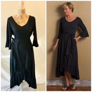 Soft Surroundings V Neck Ruffle Midi Dress Half Sleeve Black Size Medium